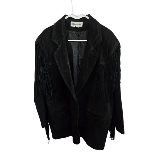 Vintage Adrian Jordan Black Suede Fringe Jacket - Western Boho - Size 14/16 - Picture 2 of 7